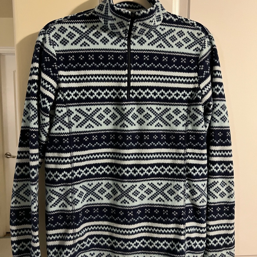 Lands End Women's Navy and White Geometric Pattern Fleece Pullover